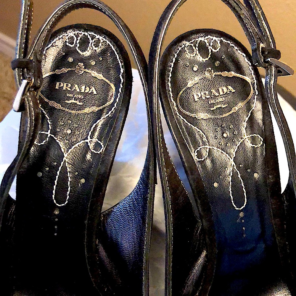 Prada Black Suede Peep-Toe Slingback Wedge Heels - Picture 3 of 8